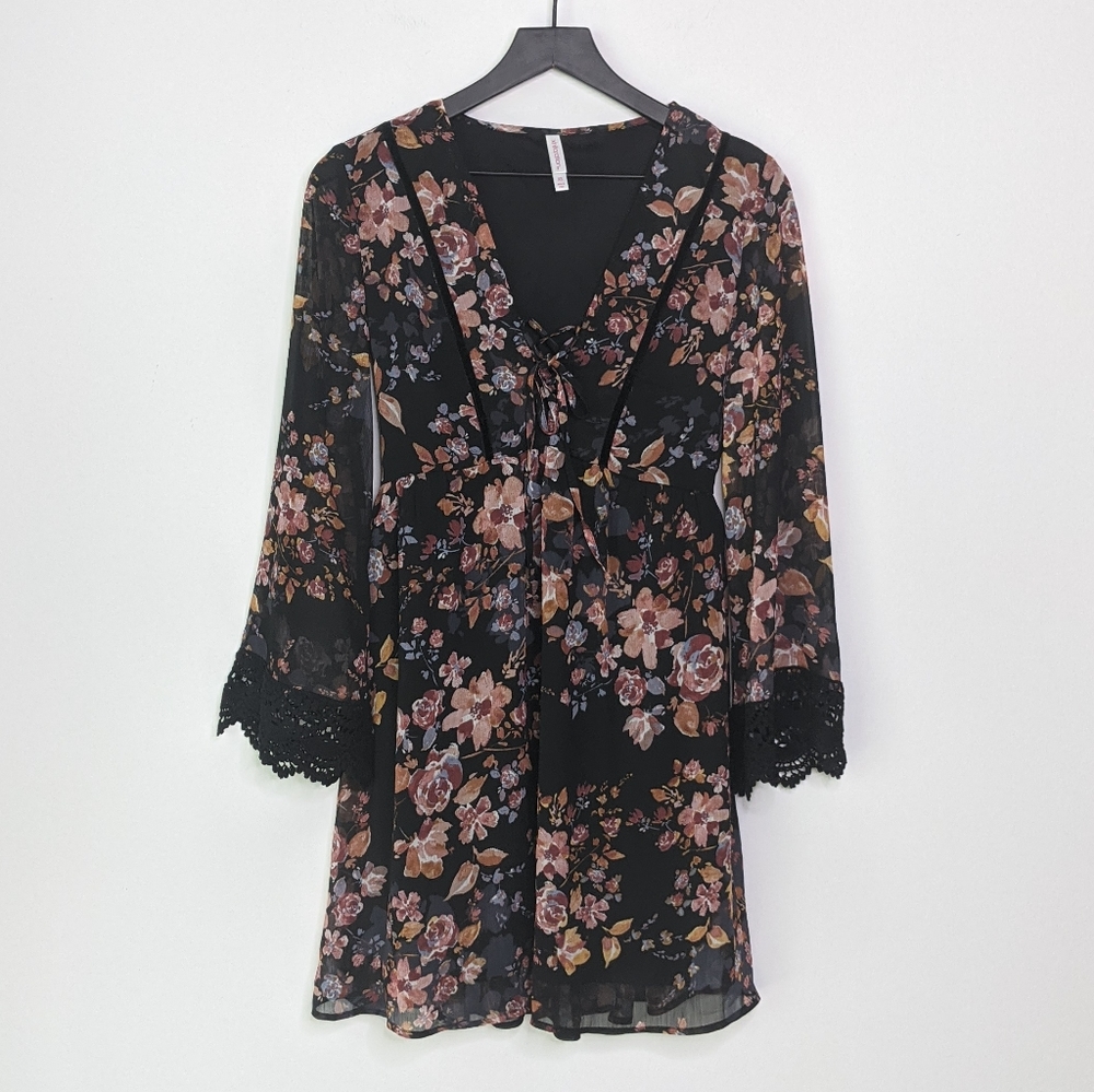 Xhilaration Floral and Lace Fit and Flare LS Dress